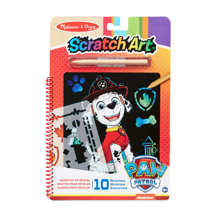 The front of the box for The Melissa & Doug PAW Patrol Scratch Art Pad - Marshall Color Reveal Travel Activity Pad (10 Scenes)