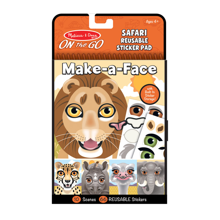 The front of the box for The Melissa & Doug On the Go Make-a-Face Reusable Sticker Pad Travel Toy Activity Book – Safari Animals (10 Scenes, 66 Cling Stickers)