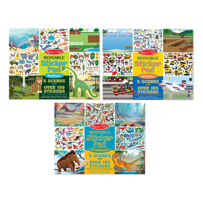 Reusable Sticker Pad 3-Pack: Vehicles, Habitats, Prehistoric