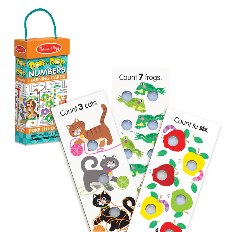 The loose pieces of The Melissa & Doug Poke-A-Dot Jumbo Number Learning Cards - 13 Double-Sided Numbers, Shapes, and Colors Cards with Buttons to Pop