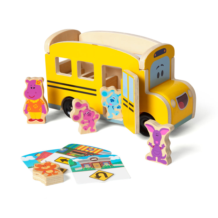 The loose pieces of The Melissa & Doug Blue's Clues & You! Wooden Pull-Back School Bus (9 Pieces)