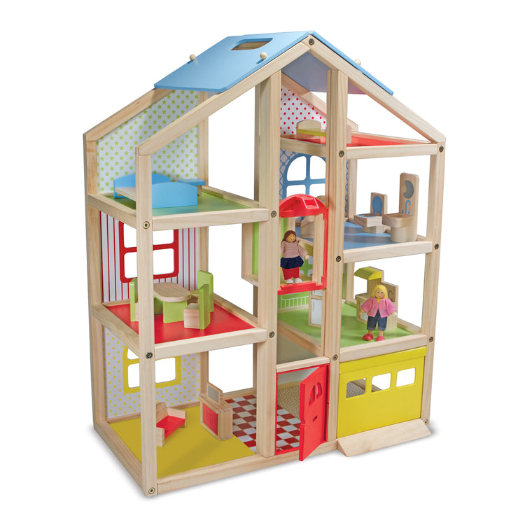 An assembled or decorated image of The Melissa & Doug Wooden Hi-Rise Dollhouse With 15 Furniture Pieces, Garage, Working Elevator