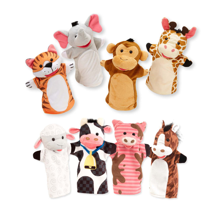 The front of the box for The Melissa & Doug Animal Hand Puppets 2-Pack (4 animals in each) - Zoo Friends and Farm Friends