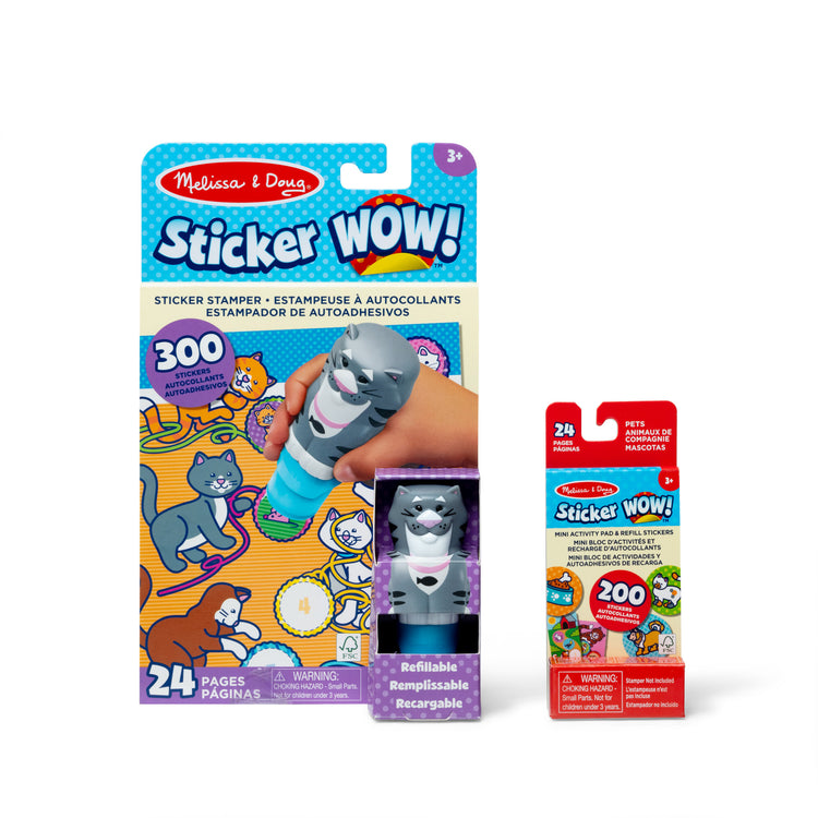 A kid playing with The Melissa & Doug Sticker WOW!™ Cat Bundle: 24-Page Activity Pad, Sticker Stamper, Mini Activity Pad, 500 Stickers, Arts and Crafts Fidget Toy Collectible Character