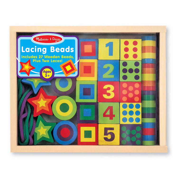 The front of the box for The Melissa & Doug Deluxe Wooden Lacing Beads - Educational Activity With 27 Beads and 2 Laces