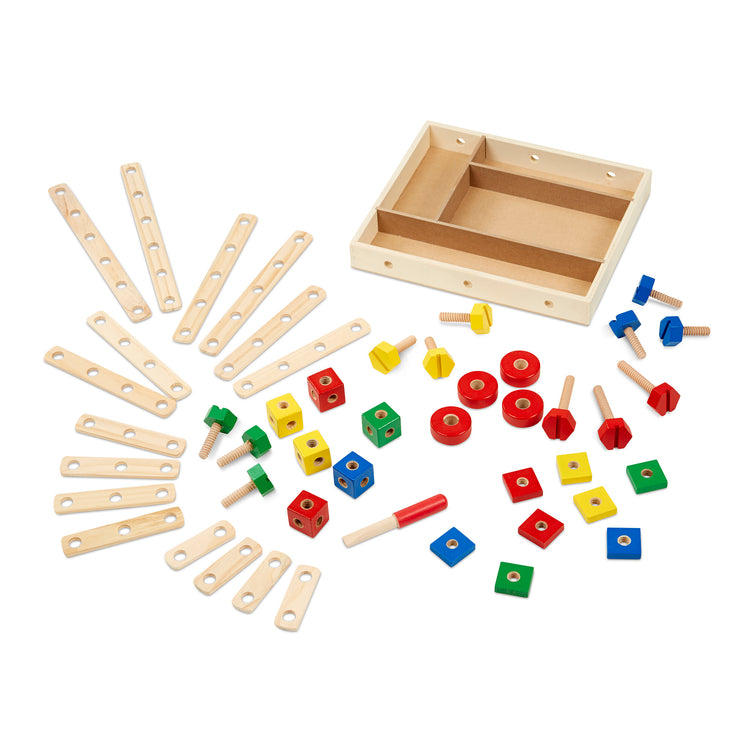 The loose pieces of The Melissa & Doug Wooden Construction Building Toy Play Set in a Box, Developmental Educational Toy (48 pcs)