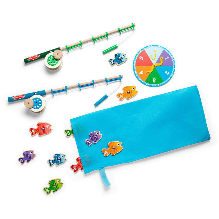The loose pieces of The Melissa & Doug Catch & Count Wooden Fishing Game With 2 Magnetic Rods