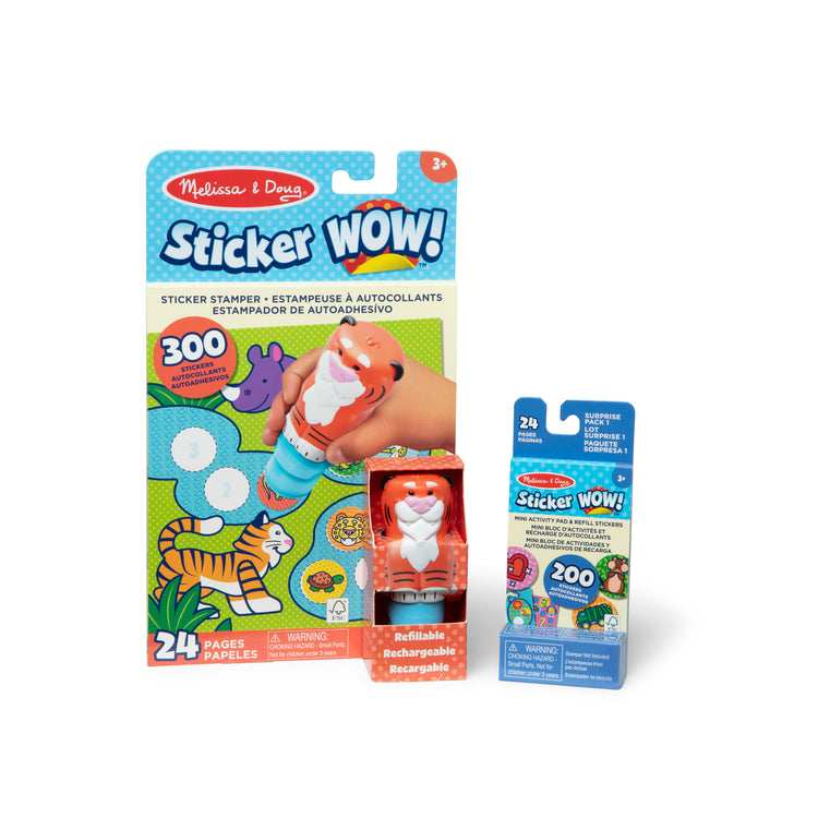 The front of the box for The Melissa & Doug Sticker WOW!™ Tiger Bundle: 24-Page Activity Pad, Sticker Stamper, 500 Stickers, Arts and Crafts Fidget Toy Collectible Character