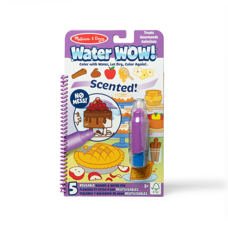 The front of the box for The Melissa & Doug Scented Water WOW! Reusable Water-Reveal Coloring Activity Pad Travel Toy – Treats