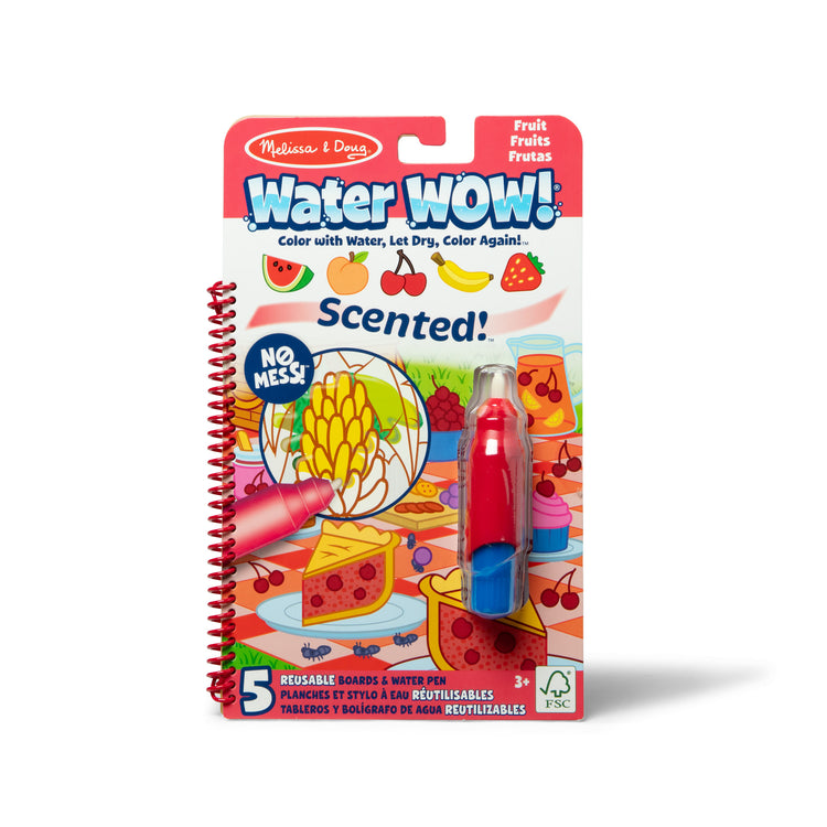 The front of the box for The Melissa & Doug Scented Water WOW! Reusable Water-Reveal Coloring Activity Pad Travel Toy – Fruit