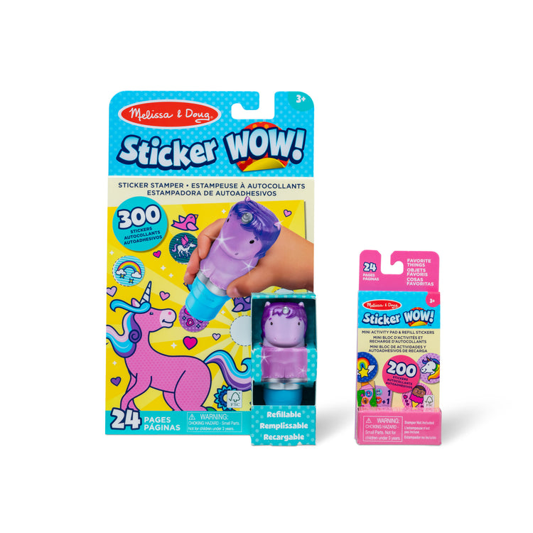 The front of the box for The Melissa & Doug Sticker WOW!™ Purple Unicorn Bundle: 24-Page Activity Pad, Sticker Stamper, 500 Stickers, Arts and Crafts Fidget Toy Collectible Character