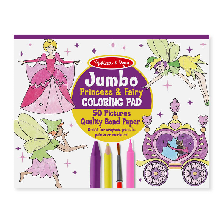 The front of the box for The Melissa & Doug Jumbo 50-Page Kids' Coloring Pad Activity Book - Princess and Fairy