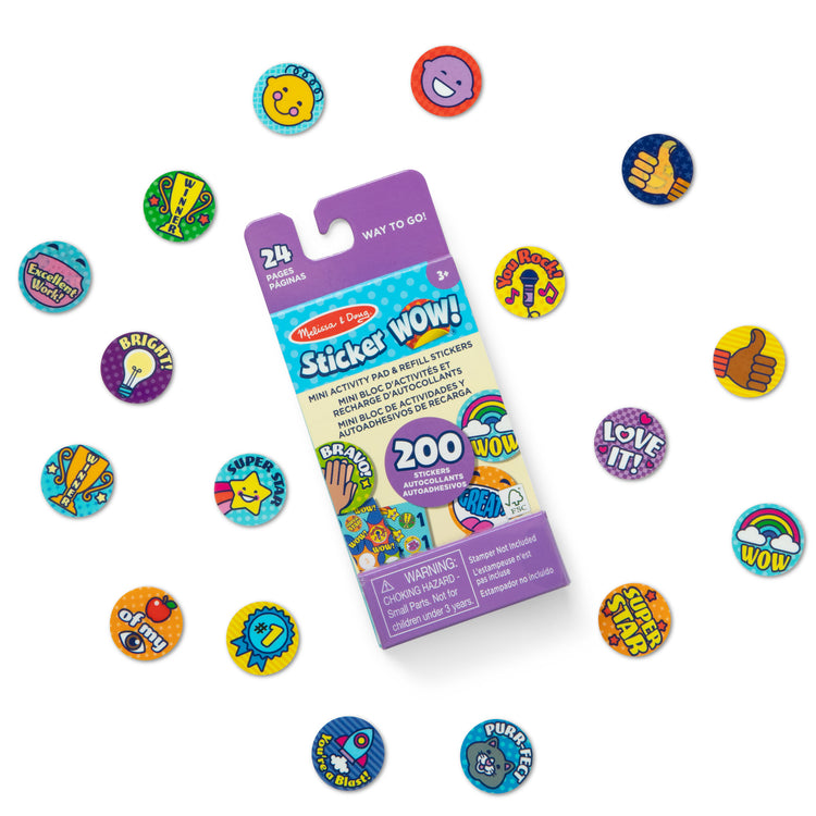 The loose pieces of The Melissa & Doug Sticker WOW!™ Mini Activity Pad and 200+ Refill Stickers for Sticker Stamper Arts and Crafts Fidget Toy Collectibles – Assorted Way to Go! Reward Stickers