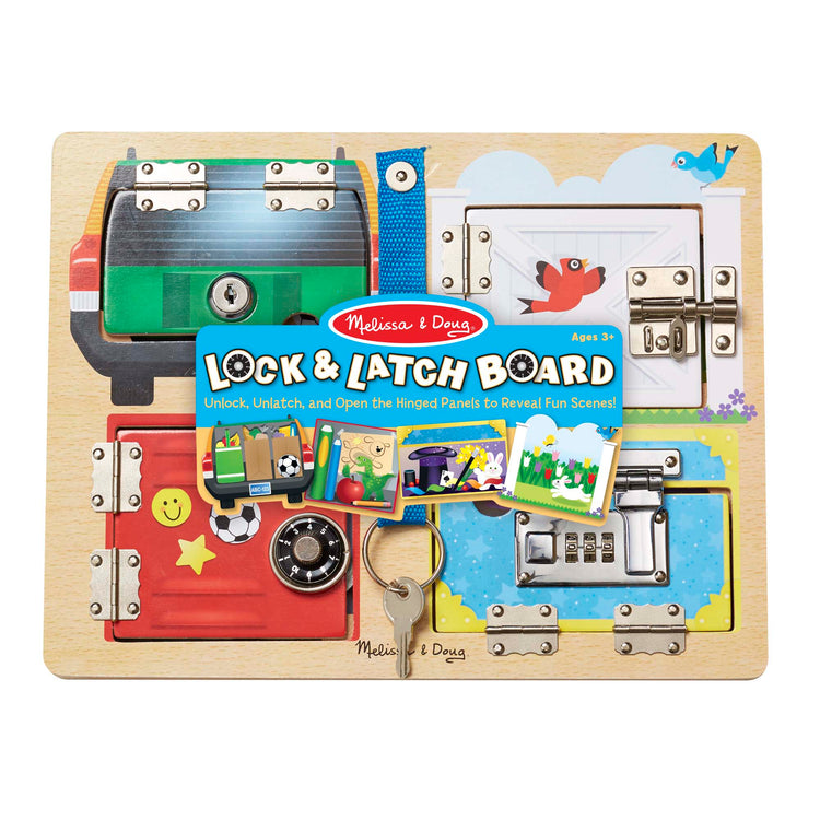 The front of the box for The Melissa & Doug Locks and Latches Board Wooden Educational Toy