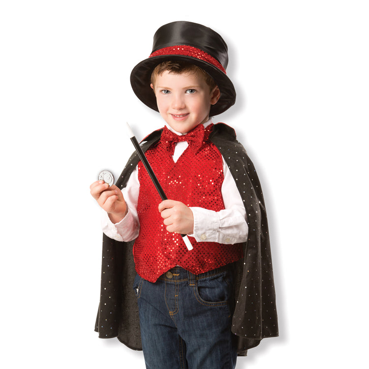 A child on white background with The Melissa & Doug Magician Costume Role Play Set - Includes Hat, Cape, Wand, Magic Tricks