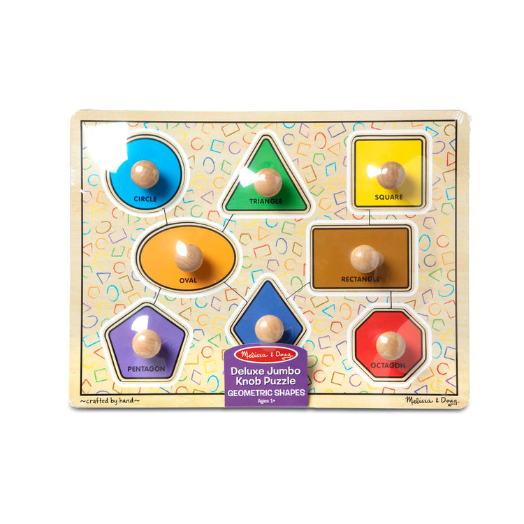 The front of the box for The Melissa & Doug Deluxe Jumbo Knob Wooden Puzzle - Geometric Shapes (8 pcs)