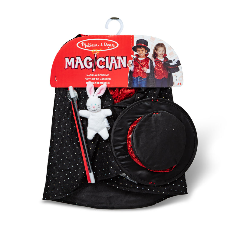 The front of the box for The Melissa & Doug Magician Costume Role Play Set - Includes Hat, Cape, Wand, Magic Tricks