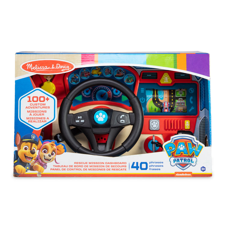 The front of the box for The Melissa & Doug PAW Patrol Rescue Mission Wooden Dashboard