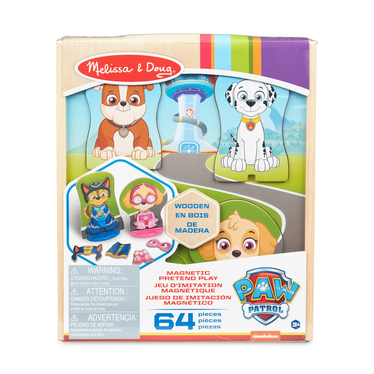 The front of the box for The Melissa & Doug PAW Patrol Wooden Magnetic Pretend Play (64 Pieces), Multi color