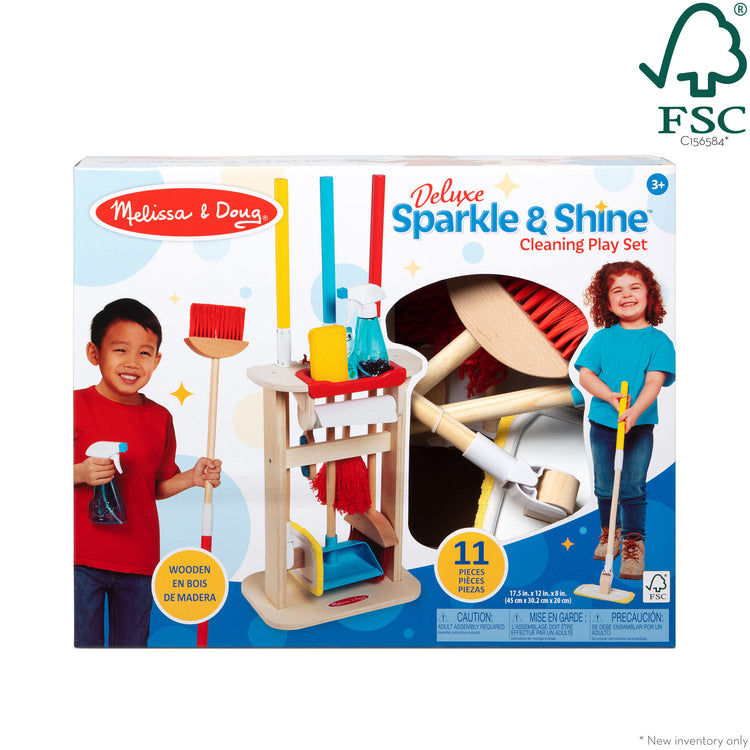 The front of the box for The Melissa & Doug Deluxe Sparkle & Shine Cleaning Play Set (11 Pieces)