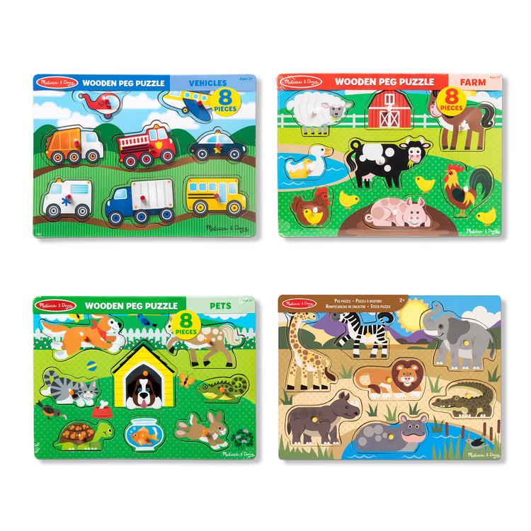 The loose pieces of The Melissa & Doug Wooden Peg Puzzle 4-Pack for Toddler and Preschool Boys and Girls – Vehicles, Farm, Safari, Pets