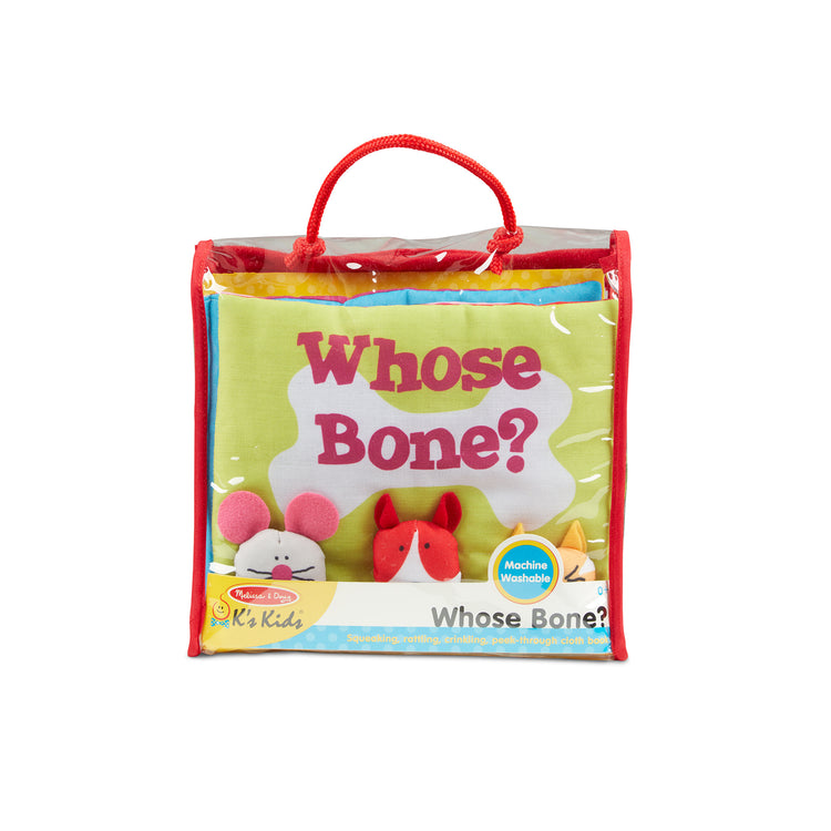 The front of the box for The Melissa & Doug K’s Kids Whose Bone? 8-Page Soft Activity Book for Babies and Toddlers