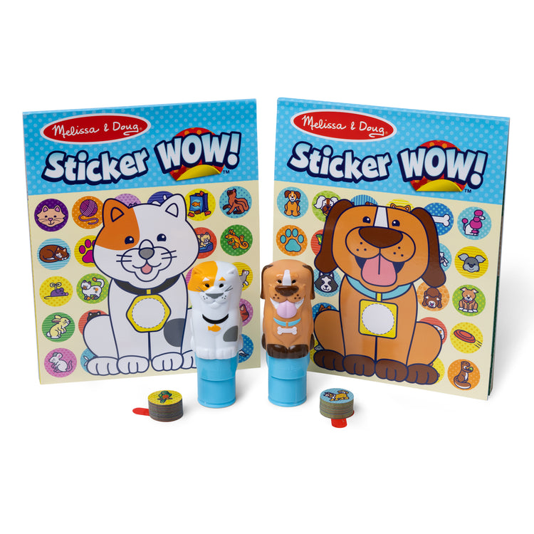 The loose pieces of The Melissa & Doug Sticker WOW!®  Pets (Dog and Cat) VALUE PACK Arts and Crafts Collectibles – 2 Activity Pads, 2 Sticker Stampers, 2 Bonus Sticker Stacks