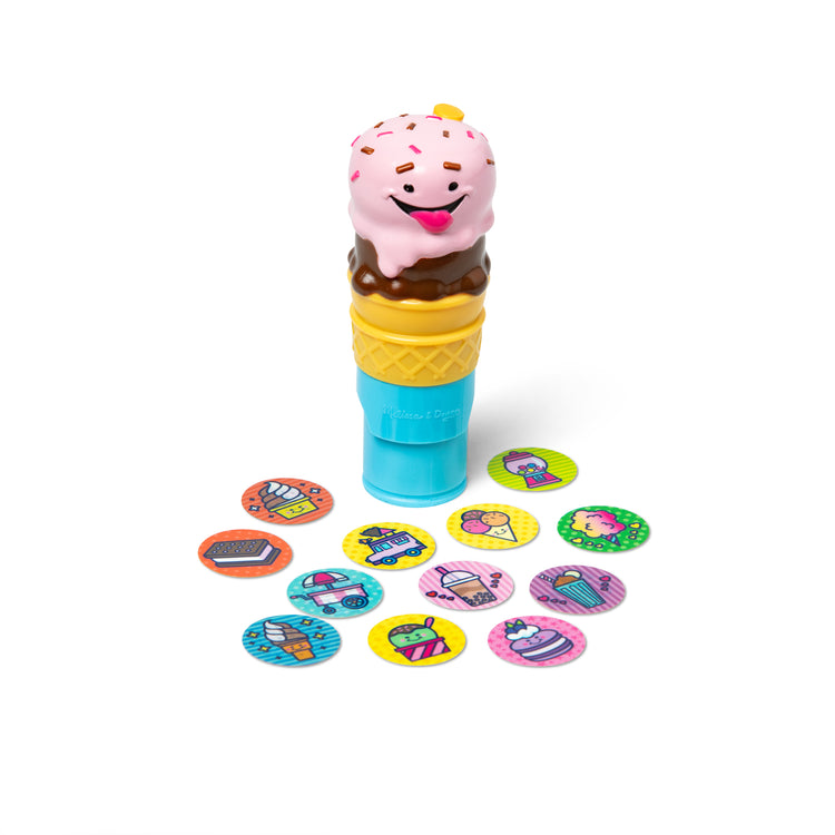 The loose pieces of The Melissa & Doug Sticker WOW!™ 24-Page Activity Pad and Sticker Stamper, 300 Stickers, Arts and Crafts Fidget Toy Collectible Character – Ice Cream