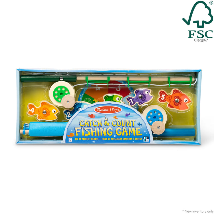 The front of the box for The Melissa & Doug Catch & Count Wooden Fishing Game With 2 Magnetic Rods