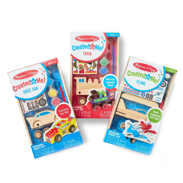 The front of the box for The Melissa & Doug Decorate-Your-Own Wooden Craft Kits 3-Pack - Plane, Train, and Race Car