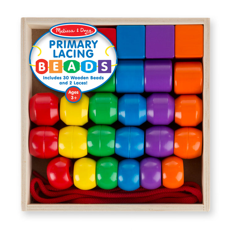 The front of the box for The Melissa & Doug Primary Lacing Beads - Educational Toy With 30 Wooden Beads and 2 Laces