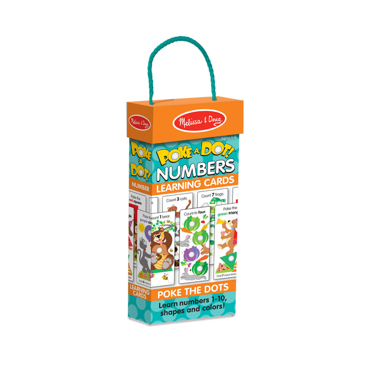 The front of the box for The Melissa & Doug Poke-A-Dot Jumbo Number Learning Cards - 13 Double-Sided Numbers, Shapes, and Colors Cards with Buttons to Pop