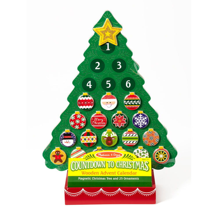 The front of the box for The Melissa & Doug Countdown to Christmas Wooden Advent Calendar - Magnetic Tree, 25 Magnets
