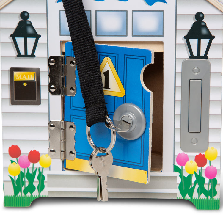  The Melissa & Doug Take-Along Wooden Doorbell Dollhouse - Doorbell Sounds, Keys, 4 Poseable Wooden Dolls