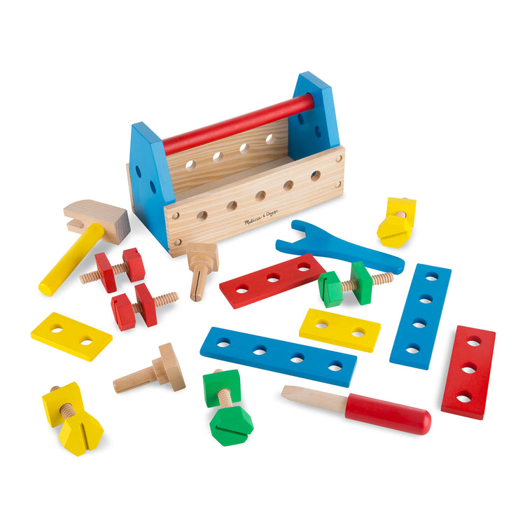The loose pieces of The Melissa & Doug Take-Along Tool Kit Wooden Construction Toy (24 pcs)