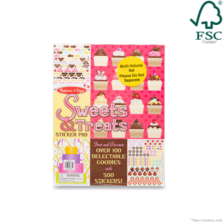 The front of the box for The Melissa & Doug Sticker Pads 3-Pack - Sweets and Treats, Make-a-Face Fashion, and Make-a-Meal