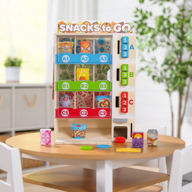 A playroom scene with The Melissa & Doug Sort, Stock, Select Wooden Vending Machine Play Set, Wooden Toy Play Food For Boys and For Girls 3+