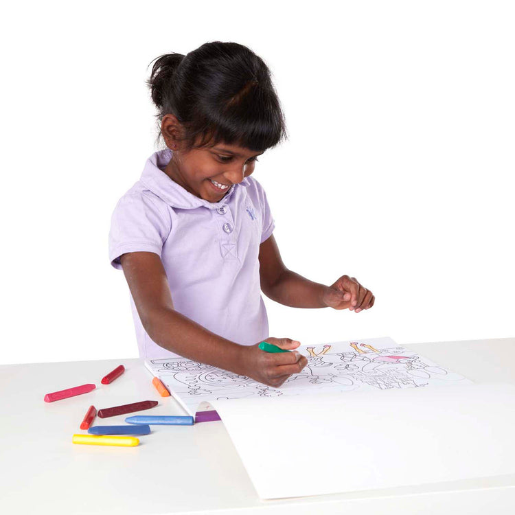 A child on white background with The Melissa & Doug Jumbo 50-Page Kids' Coloring Pad - Horses, Hearts, Flowers, and More