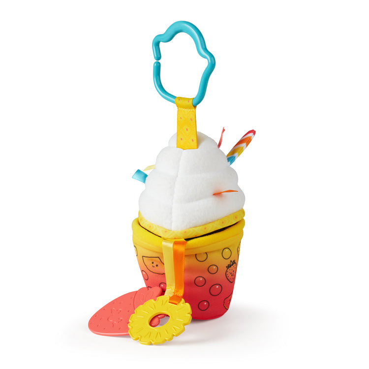 A kid playing with The Melissa & Doug Multi-Sensory Bubble Tea Take-Along Clip-On Infant Toy