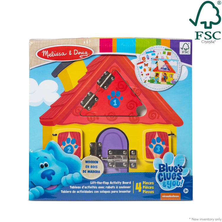 The front of the box for The Melissa & Doug Blue’s Clues & You! Wooden Activity Board with Clue Cards