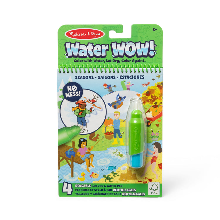 The front of the box for The Melissa & Doug Water WOW! Reusable Water-Reveal Coloring Activity Pad Travel Toy – Seasons