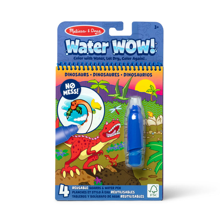 The front of the box for The Melissa & Doug On The Go Water Wow! Reusable Water-Reveal Activity Pad Travel Toy – Dinosaurs