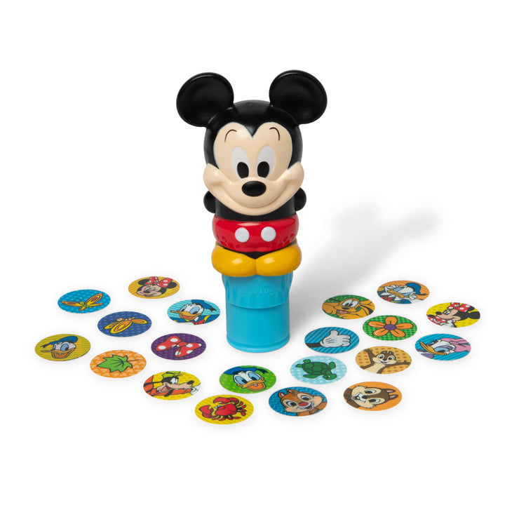 The loose pieces of The Melissa & Doug Sticker WOW!™ 24-Page Activity Pad and Sticker Stamper, 300 Stickers, Arts and Crafts Fidget Toy Collectible Character – Disney Mickey Mouse

