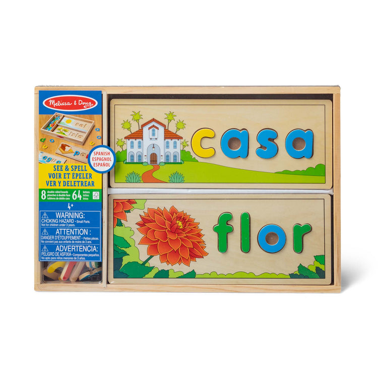 A kid playing with The Melissa & Doug Spanish See & Spell Wooden Educational Language Learning Toy With Letters, Puzzle Boards