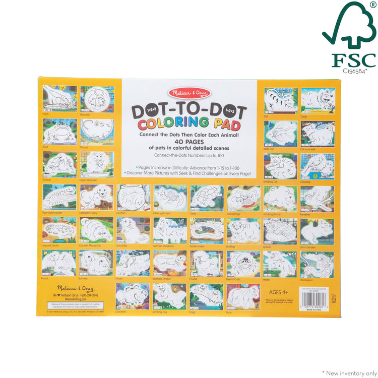 The front of the box for The Melissa & Doug 123 Dot-to-Dot Pets Coloring Pad - Follow Numbers 1-100 and Seek and Find Activities; 40 11” x 14” Pages