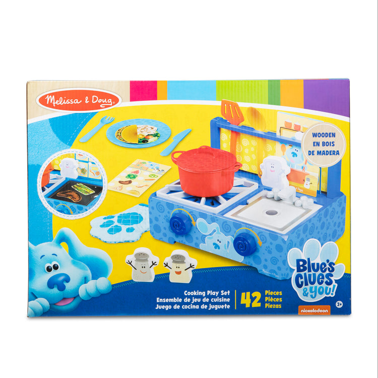 The front of the box for The Melissa & Doug Blue's Clues & You! Wooden Cooking Play Set (42 Pieces)