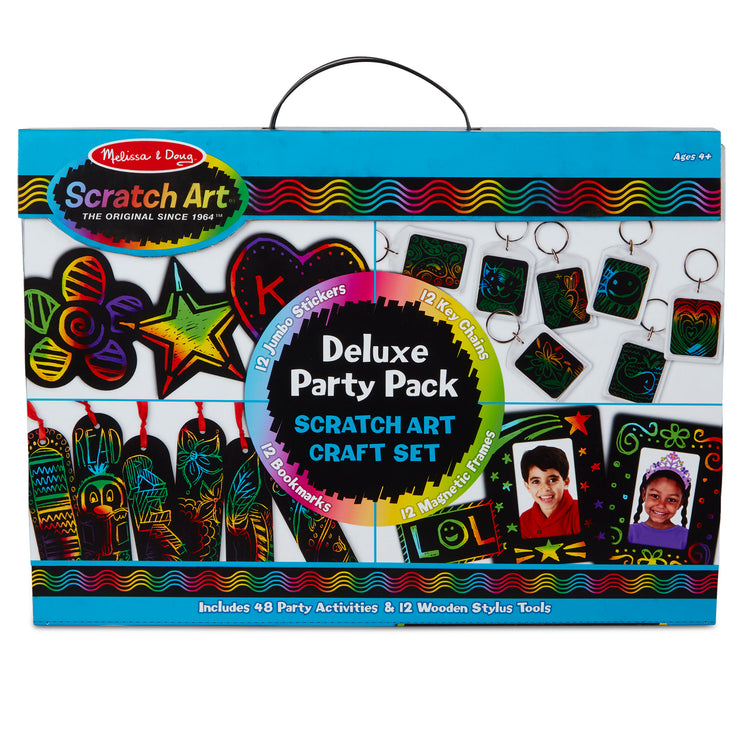 The front of the box for The Melissa & Doug Scratch Art® Deluxe Party Pack Craft Set – 12 Jumbo Stickers, 12 Key Chains, 12 Bookmarks, 12 Magnetic Frames, 12 Stylus