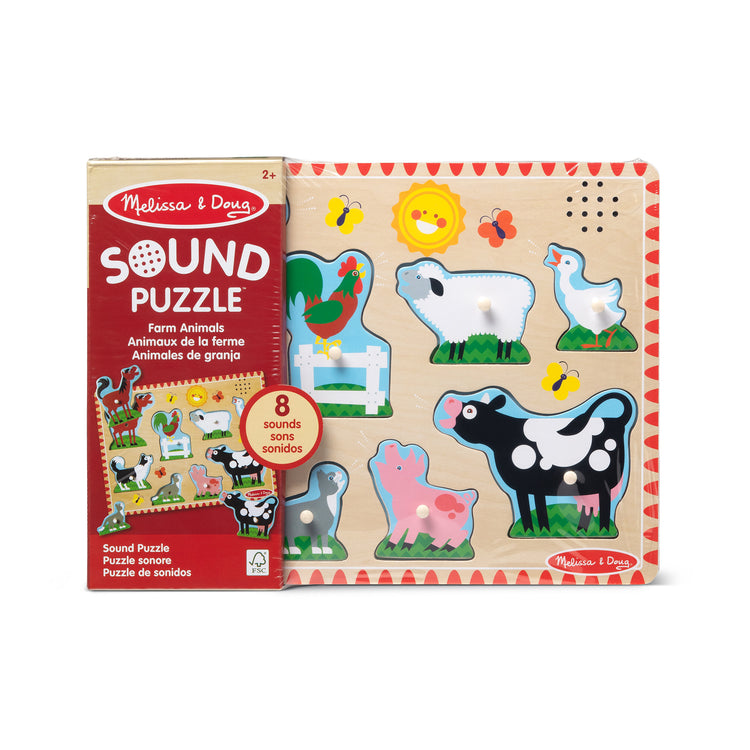 The front of the box for The Melissa & Doug Farm Animals Sound Puzzle - Wooden Peg Puzzle With Sound Effects (8 pcs)