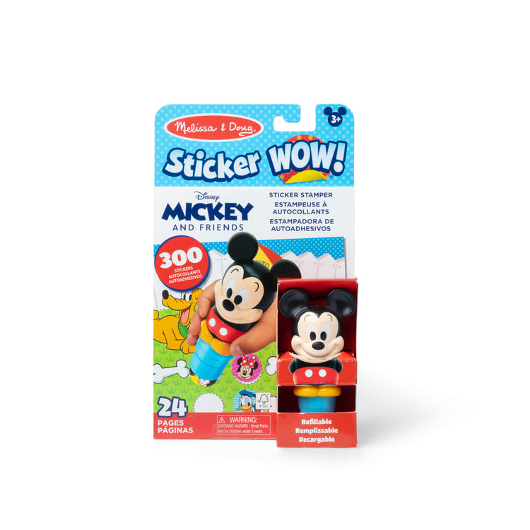 The front of the box for The Melissa & Doug Sticker WOW!™ 24-Page Activity Pad and Sticker Stamper, 300 Stickers, Arts and Crafts Fidget Toy Collectible Character – Disney Mickey Mouse

