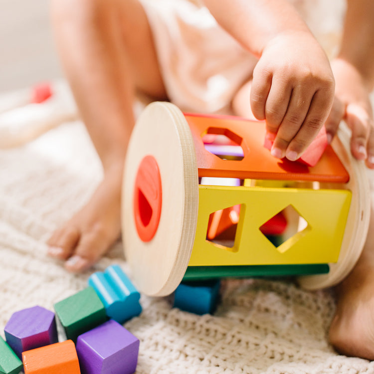 A kid playing with The Melissa & Doug Match and Roll Shape Sorter - Classic Wooden Toy